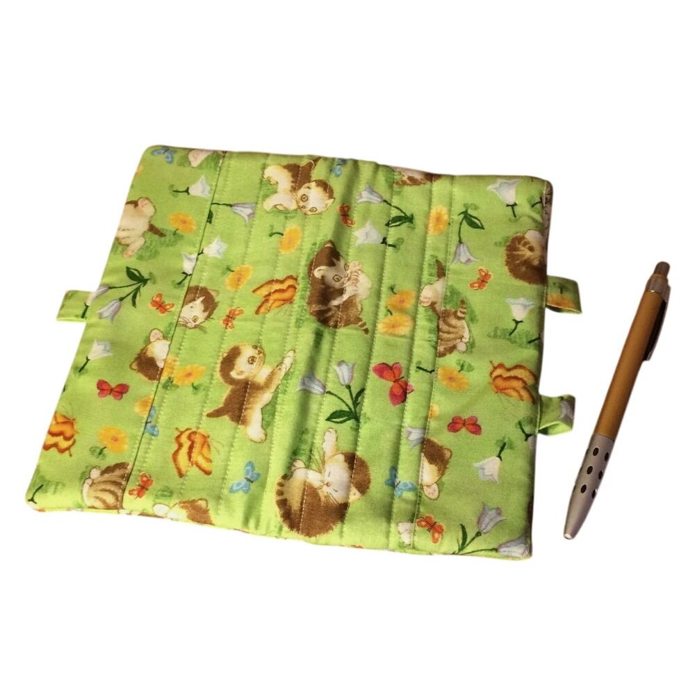 Fabric Checkbook Cover Green Playful Kittens Pattern Handmade Soft Quilted